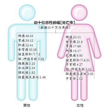 前十位恶性肿瘤(死亡率)