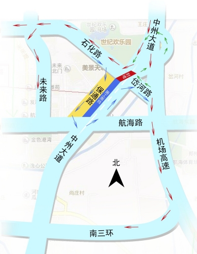 中州大道（航海路至陇海铁路）封闭施工的保通绕行示意图 制图谢景豹