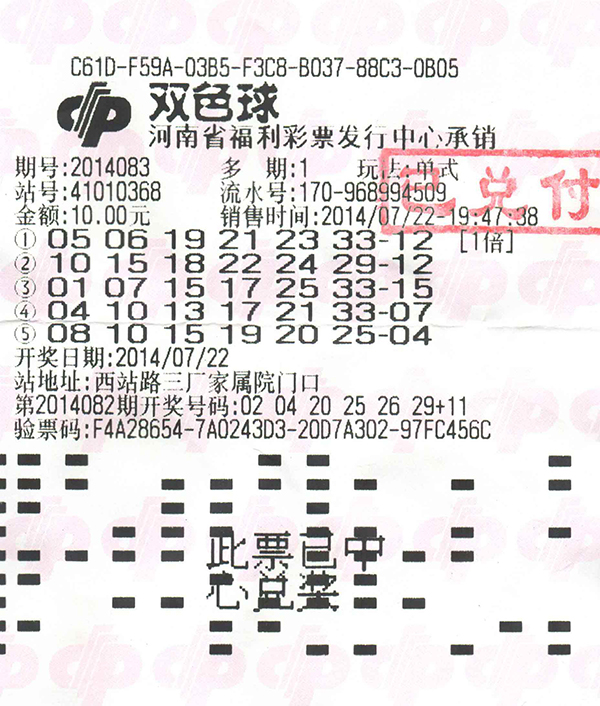郑州市双色球2014083期一等奖