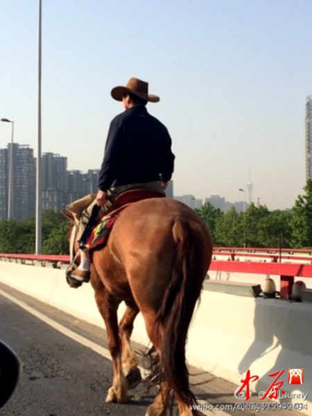 男子骑马在中州大道行进